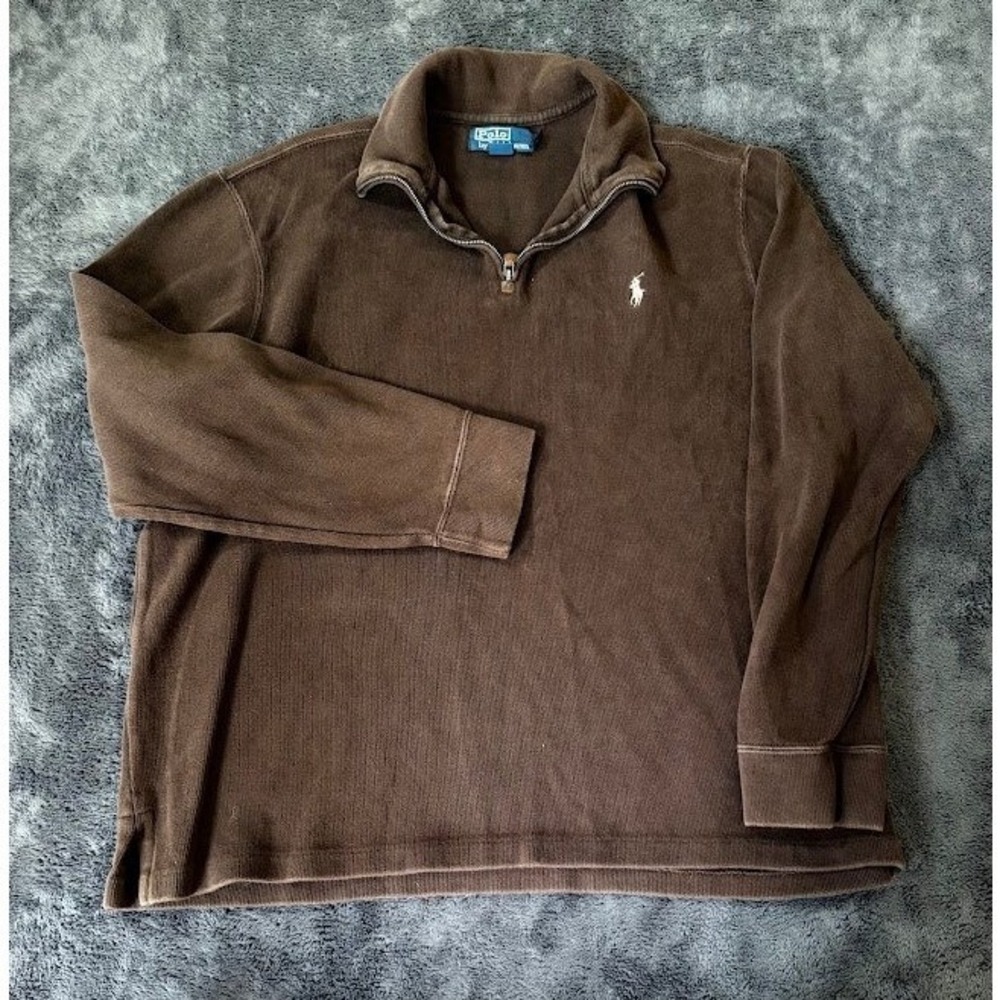 Vintage Polo Ralph Lauren Mens XL Brown 1/4 Zip Ribbed Knit Pullover Sweater